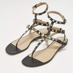 Pre Owned Valentino Black Leather Rockstud T- Strap Flat Sandals Size 37.5