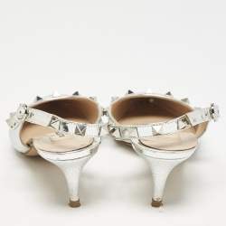 Pre Owned Valentino Silver Patent Leather Rockstud Slingback Pumps Size 36