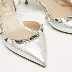 Pre Owned Valentino Silver Patent Leather Rockstud Slingback Pumps Size 36