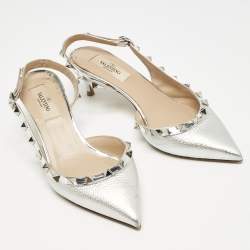 Pre Owned Valentino Silver Patent Leather Rockstud Slingback Pumps Size 36