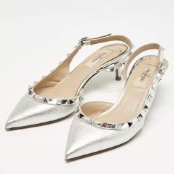 Pre Owned Valentino Silver Patent Leather Rockstud Slingback Pumps Size 36
