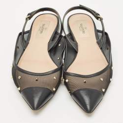 Pre Owned Valentino Black Leather and Mesh Rockstud Slingback Sandals Size 38