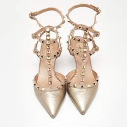 Valentino Metallic/Beige Leather Rockstud Caged Ankle Strap Pumps Size 38