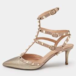 Valentino Metallic/Beige Leather Rockstud Caged Ankle Strap Pumps Size 38