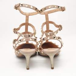 Valentino Metallic/Beige Leather Rockstud Caged Ankle Strap Pumps Size 38