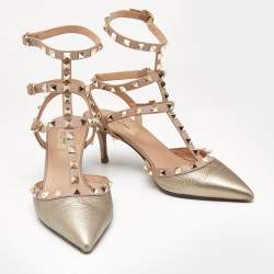Valentino Metallic/Beige Leather Rockstud Caged Ankle Strap Pumps Size 38