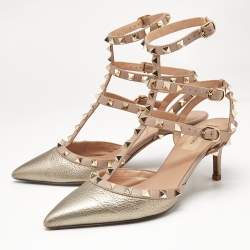 Valentino Metallic/Beige Leather Rockstud Caged Ankle Strap Pumps Size 38