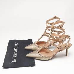 Valentino Metallic/Beige Leather Rockstud Caged Ankle Strap Pumps Size 38