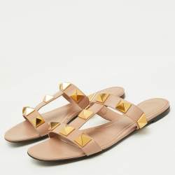 Valentino Beige Leather Roman Stud Flat Slide Sandals Size 39.5
