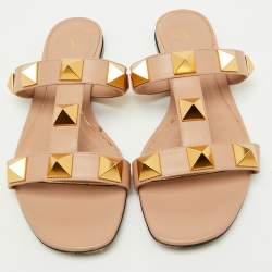 Valentino Beige Leather Roman Stud Flat Slide Sandals Size 39.5