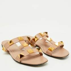 Valentino Beige Leather Roman Stud Flat Slide Sandals Size 39.5
