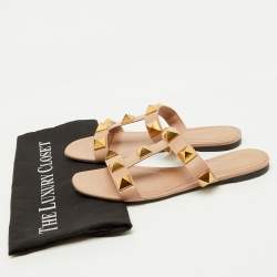 Valentino Beige Leather Roman Stud Flat Slide Sandals Size 39.5