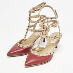 Valentino Beige/Red Leather Rockstud Pumps Size 36.5