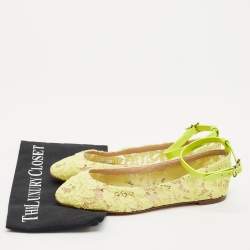 Valentino Neon Yellow Lace and Leather Ankle Strap Ballet Flats Size 39