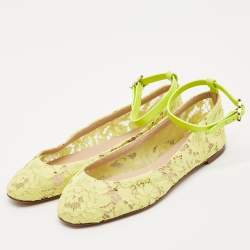 Valentino Neon Yellow Lace and Leather Ankle Strap Ballet Flats Size 39