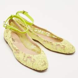 Valentino Neon Yellow Lace and Leather Ankle Strap Ballet Flats Size 39
