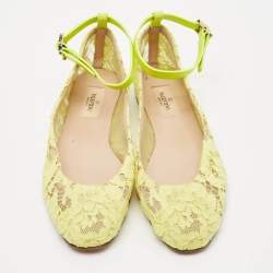 Valentino Neon Yellow Lace and Leather Ankle Strap Ballet Flats Size 39