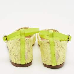 Valentino Neon Yellow Lace and Leather Ankle Strap Ballet Flats Size 39