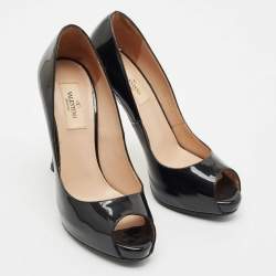 Valentino Black Patent Leather Rockstud Heel Peep Toe Pumps Size 37.5