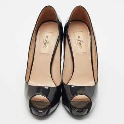 Valentino Black Patent Leather Rockstud Heel Peep Toe Pumps Size 37.5