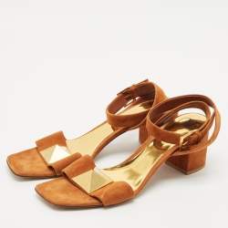 Valentino Brown Suede Roman Stud Ankle Strap Block Heel Sandals Size 40.5