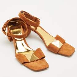 Valentino Brown Suede Roman Stud Ankle Strap Block Heel Sandals Size 40.5
