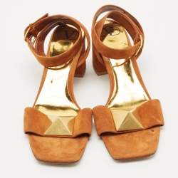 Valentino Brown Suede Roman Stud Ankle Strap Block Heel Sandals Size 40.5