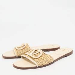 Valentino Cream/Beige Raffia and Leather VLogo Slide Sandals Size 38