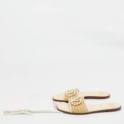 Valentino Cream/Beige Raffia and Leather VLogo Slide Sandals Size 38