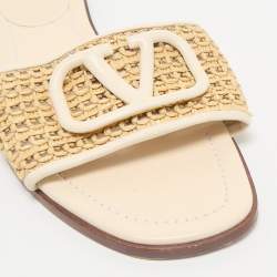 Valentino Cream/Beige Raffia and Leather VLogo Slide Sandals Size 38