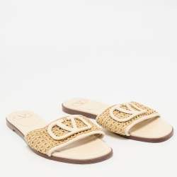 Valentino Cream/Beige Raffia and Leather VLogo Slide Sandals Size 38
