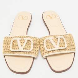 Valentino Cream/Beige Raffia and Leather VLogo Slide Sandals Size 38