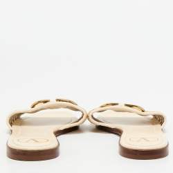 Valentino Cream/Beige Raffia and Leather VLogo Slide Sandals Size 38