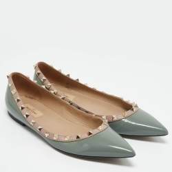 Valentino Slate Blue/Beige Patent Leather Rockstud Pointed Toe Ballet Flats Size 40