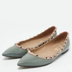 Valentino Slate Blue/Beige Patent Leather Rockstud Pointed Toe Ballet Flats Size 40