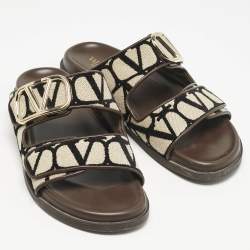 Pre Owned Valentino Brown/Cream Canvas and Fabric Logo Slide Sandals Size 40