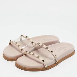 Valentino Pink Leather and PVC Rockstud Flat Slides Size 37
