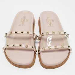 Valentino Pink Leather and PVC Rockstud Flat Slides Size 37