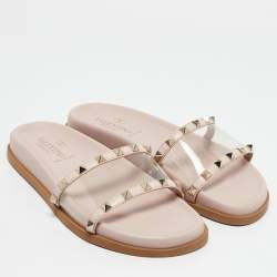 Valentino Pink Leather and PVC Rockstud Flat Slides Size 37