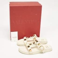 Valentino Off White Leather Roman Stud Flat Slide Sandals Size 38