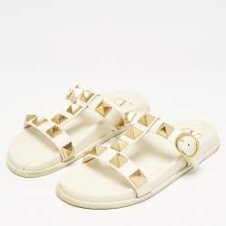 Valentino Off White Leather Roman Stud Flat Slide Sandals Size 38