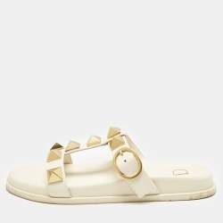 Valentino Off White Leather Roman Stud Flat Slide Sandals Size 38