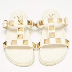 Valentino Off White Leather Roman Stud Flat Slide Sandals Size 38