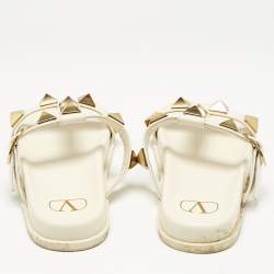 Valentino Off White Leather Roman Stud Flat Slide Sandals Size 38