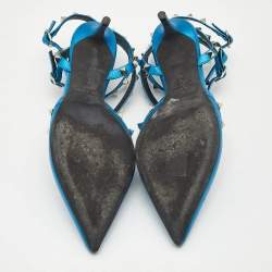 Pre Owned Valentino Metallic Blue Leather Rockstud Cage Pumps Size 39