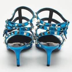 Pre Owned Valentino Metallic Blue Leather Rockstud Cage Pumps Size 39