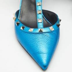 Pre Owned Valentino Metallic Blue Leather Rockstud Cage Pumps Size 39