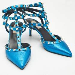 Pre Owned Valentino Metallic Blue Leather Rockstud Cage Pumps Size 39