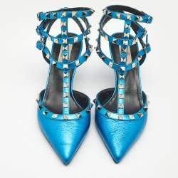 Pre Owned Valentino Metallic Blue Leather Rockstud Cage Pumps Size 39