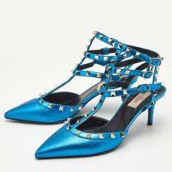 Pre Owned Valentino Metallic Blue Leather Rockstud Cage Pumps Size 39